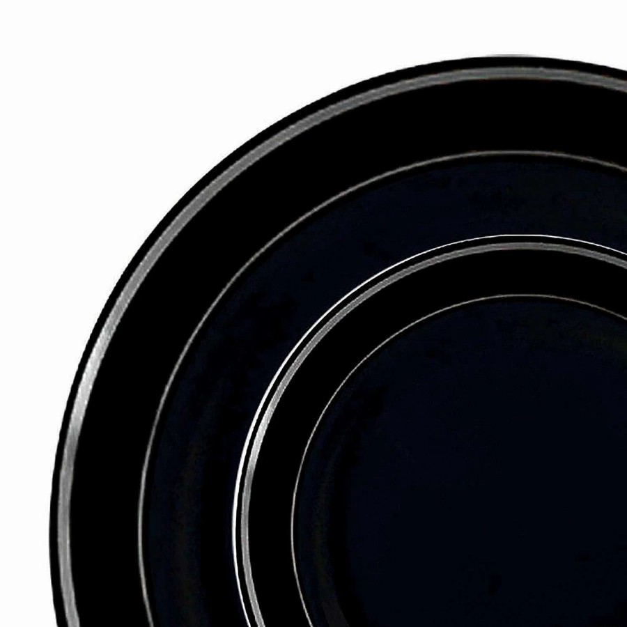 Party Plates * | Brand New Black With Silver Edge Rim Plastic Dinnerware Value Set (40 Dinner Plates + 40 Salad Plates)