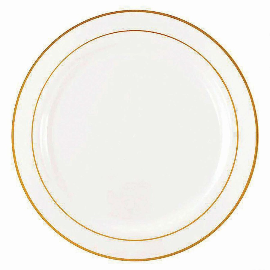 Party Plates * | Hot Sale 10.25 White With Gold Edge Rim Plastic Dinner Plates (120 Plates)