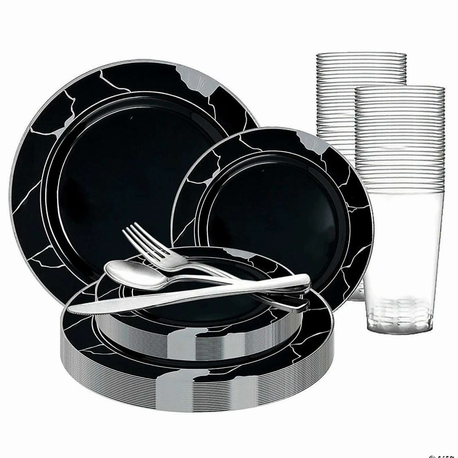 Bowls * | Best Pirce Black With Silver Marble Disposable Plastic Dinnerware Value Set (20 Settings)