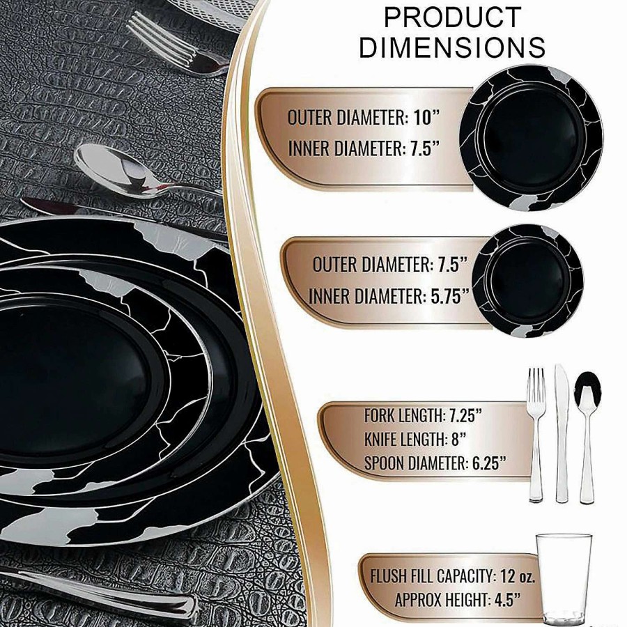 Bowls * | Best Pirce Black With Silver Marble Disposable Plastic Dinnerware Value Set (20 Settings)