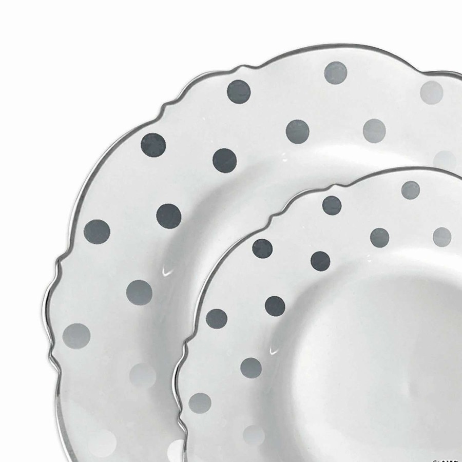 Party Plates * | New White With Silver Dots Round Blossom Disposable Plastic Dinnerware Value Set (120 Dinner Plates + 120 Salad Plates)