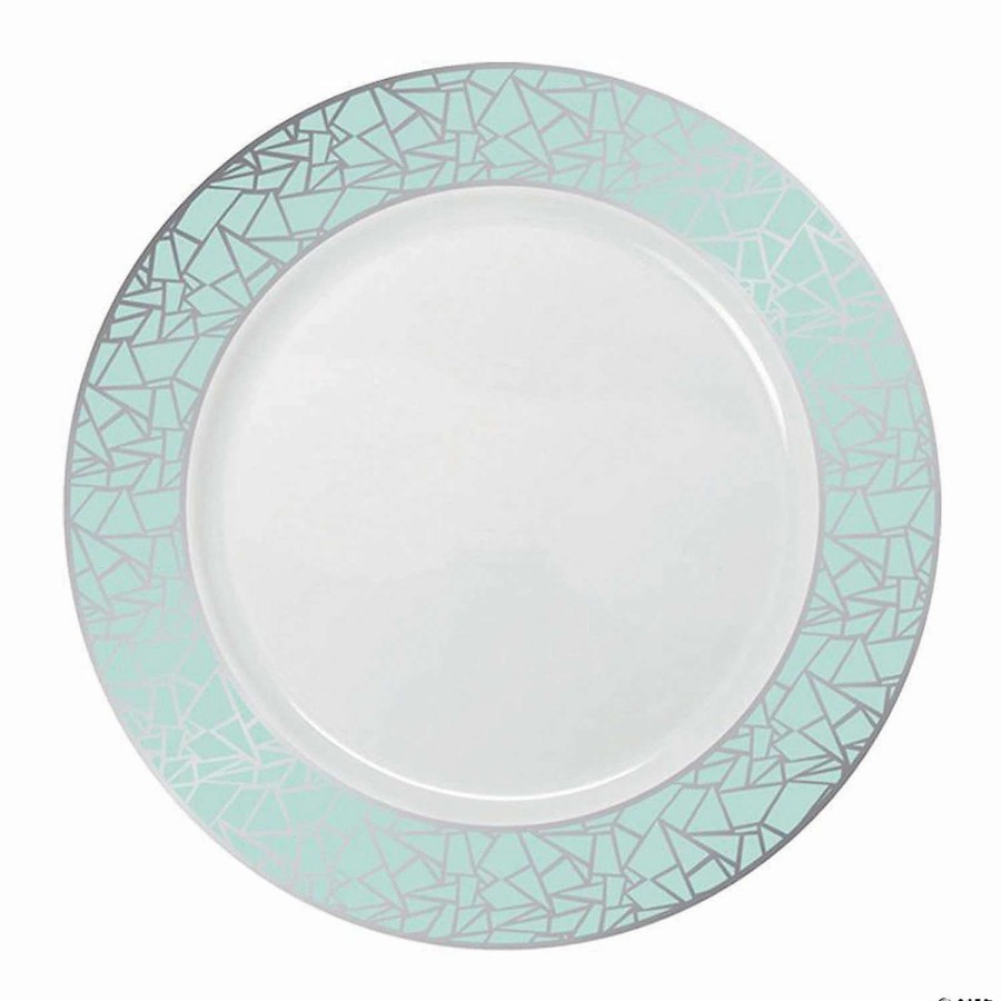 Party Plates * | Flash Sale Kaya Collection 7.5 White With Turquoise Blue And Silver Mosaic Rim Round Plastic Appetizer/Salad Plates (120 Plates)