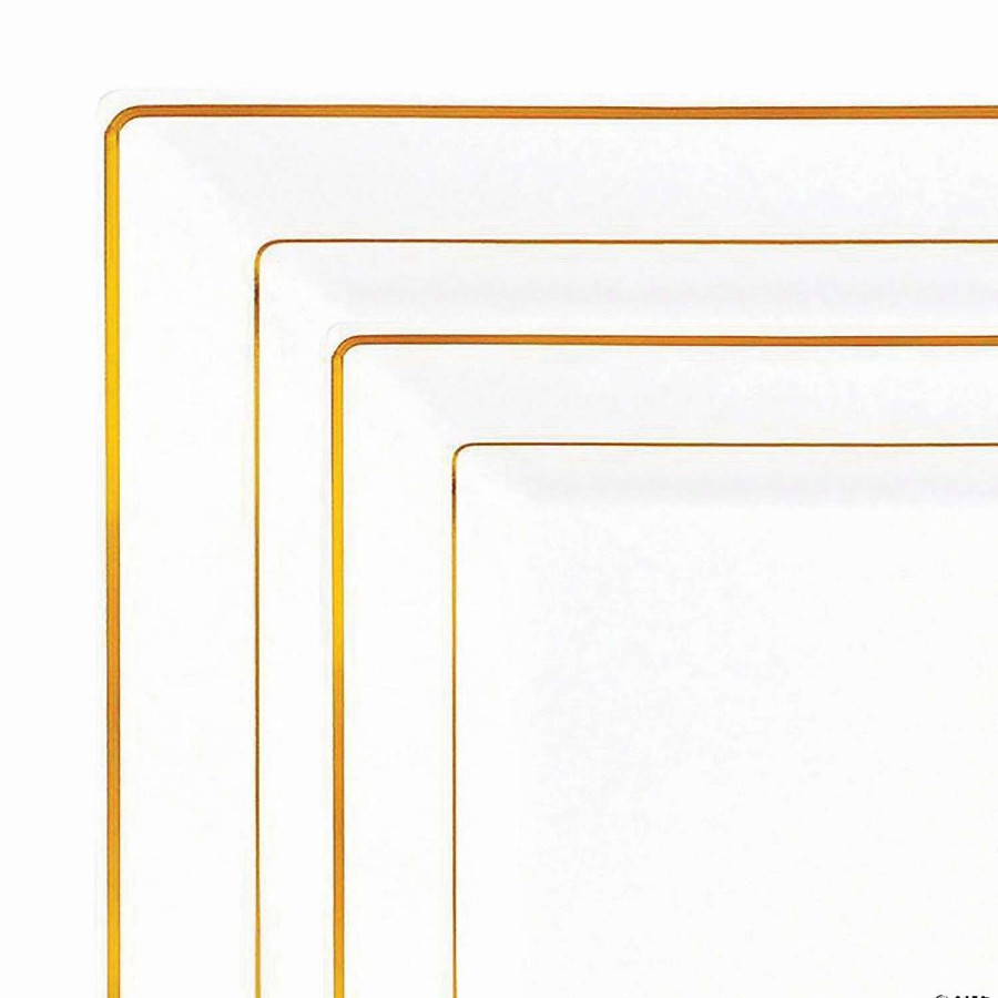 Party Plates * | New White With Gold Square Edge Rim Plastic Dinnerware Value Set (40 Dinner Plates + 40 Salad Plates)