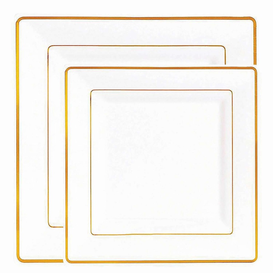 Party Plates * | New White With Gold Square Edge Rim Plastic Dinnerware Value Set (40 Dinner Plates + 40 Salad Plates)