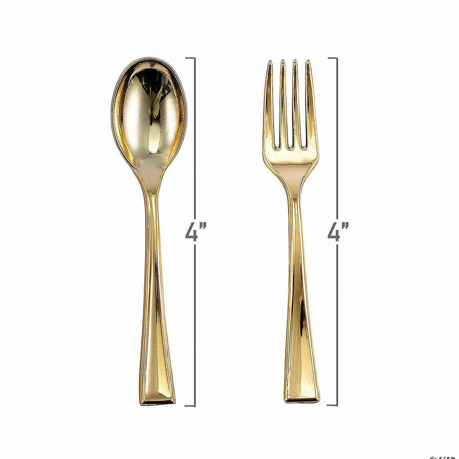 Cutlery * | New Gold Disposable Plastic Mini Flatware Set Dessert Spoons And Dessert Forks (144 Guests)