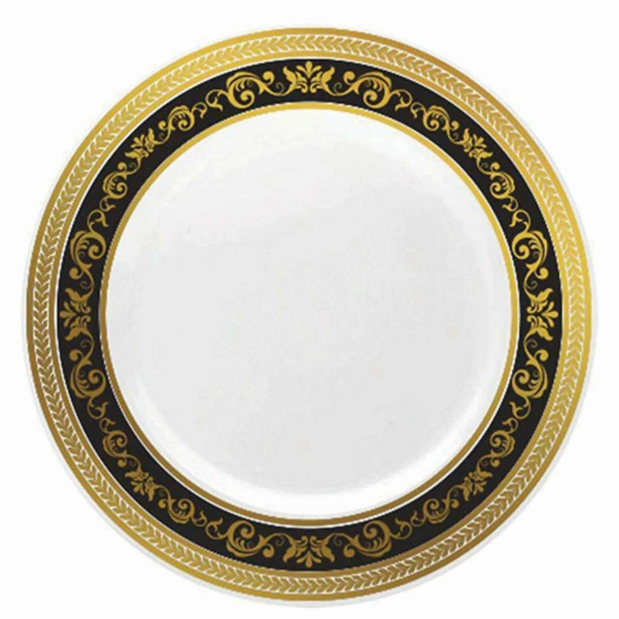 Party Plates * | Cheapest Kaya Collection 10.25 White With Black And Gold Royal Rim Plastic Dinner Plates (120 Plates)