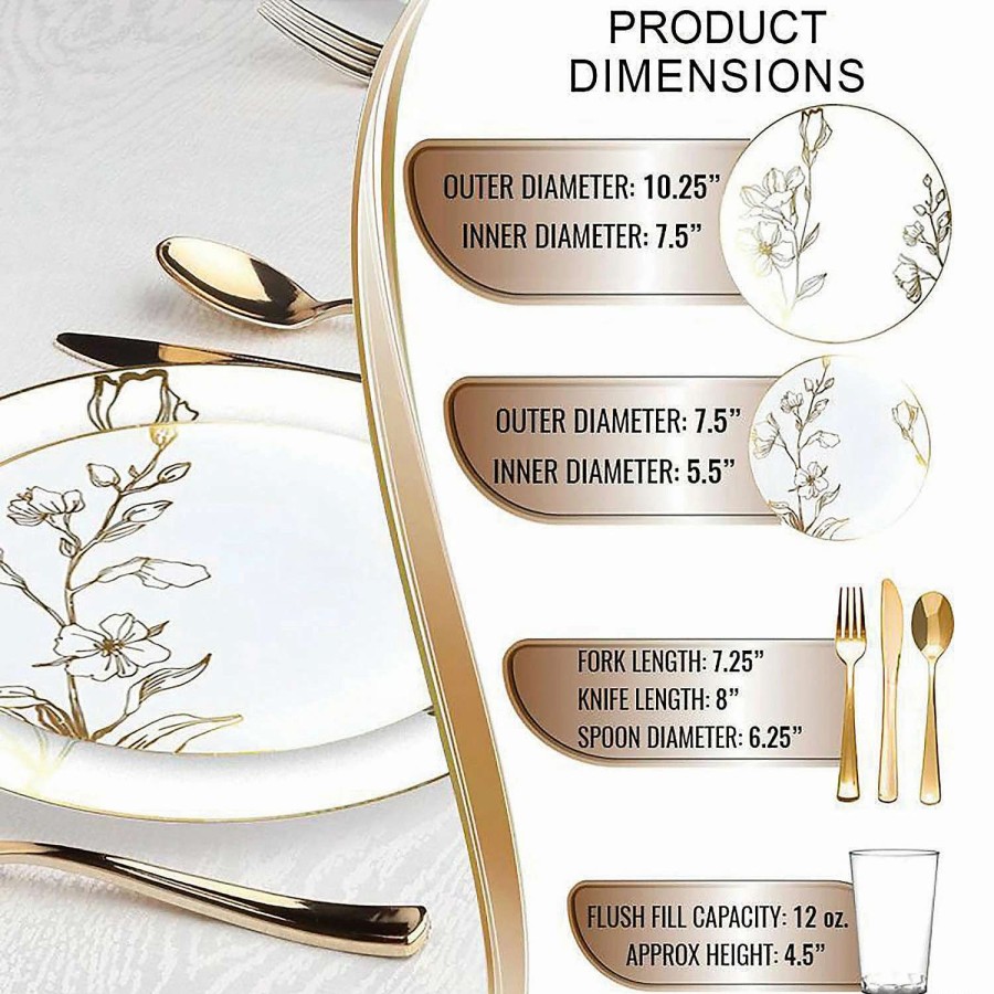 Bowls * | Discount White With Gold Antique Floral Round Disposable Plastic Dinnerware Value Set (20 Settings)