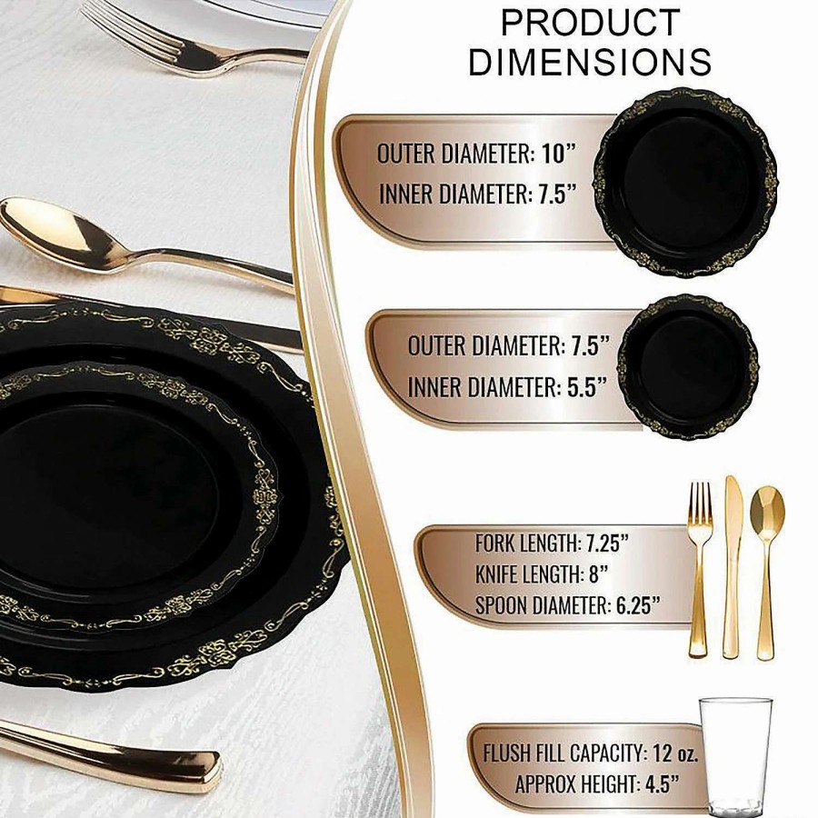 Bowls * | New Black With Gold Vintage Rim Round Disposable Plastic Dinnerware Value Set (60 Settings)