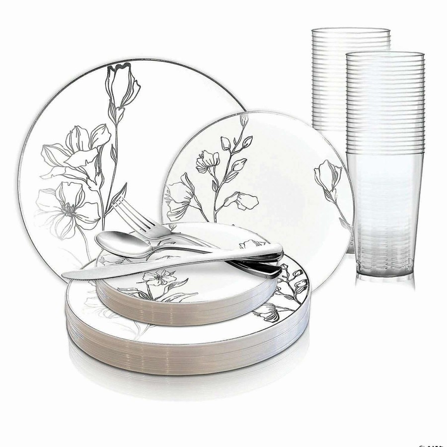 Party Plates * | Top 10 White With Silver Antique Floral Round Disposable Plastic Dinnerware Value Set (120 Settings)