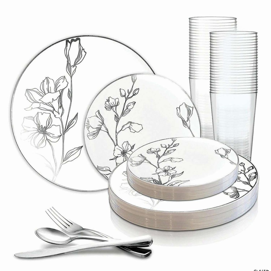 Party Plates * | Top 10 White With Silver Antique Floral Round Disposable Plastic Dinnerware Value Set (120 Settings)