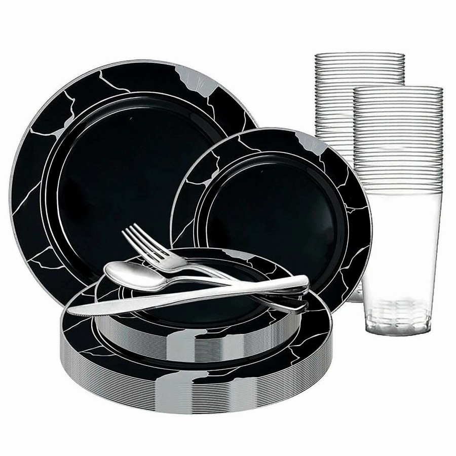 Bowls * | Flash Sale Black With Silver Marble Disposable Plastic Dinnerware Value Set (120 Settings)