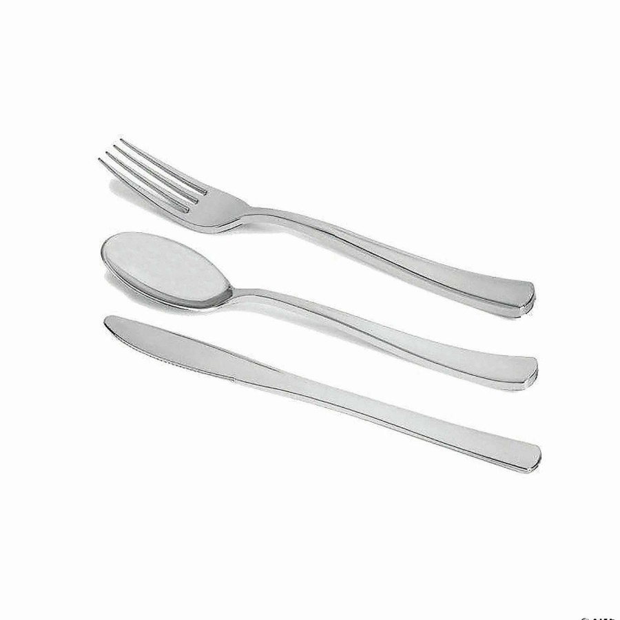 Cutlery * | Best Reviews Of Shiny Metallic Silver Plastic Cutlery Combo Set Spoons, Forks And Knives (180 Guests)