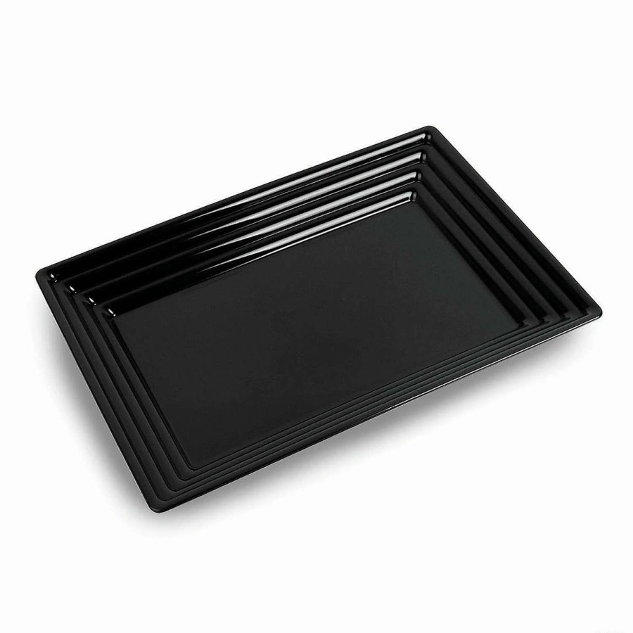 Serveware * | Flash Sale 11 X 16 Black Rectangular With Groove Rim Plastic Serving Trays (15 Trays)