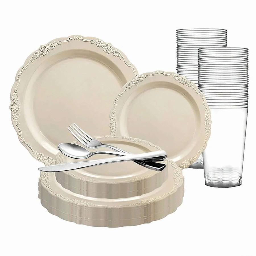 Bowls * | Best Pirce Ivory Vintage Round Disposable Plastic Dinnerware Value Set (20 Settings)