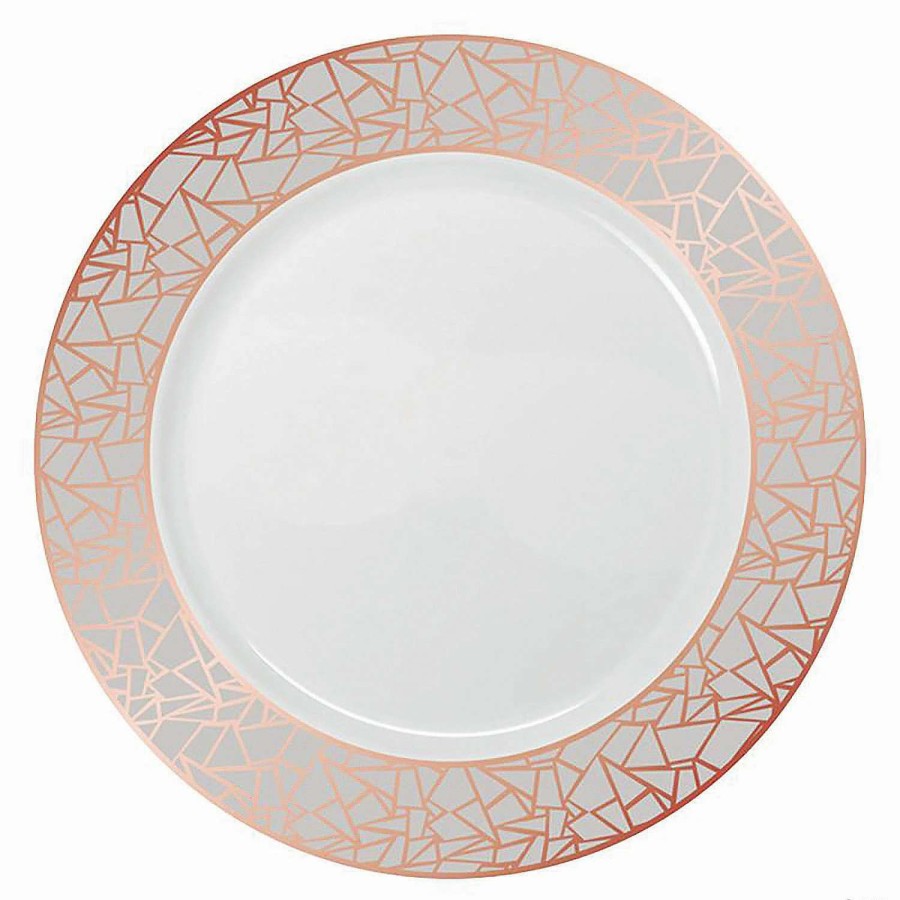 Party Plates * | Cheap 10.25 White With Silver And Rose Gold Mosaic Rim Round Plastic Dinner Plates (40 Plates)